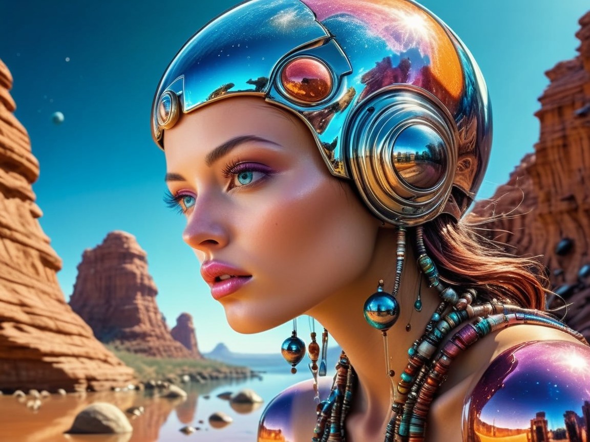 Futuristic Woman in Vibrant Landscape with Red Rocks