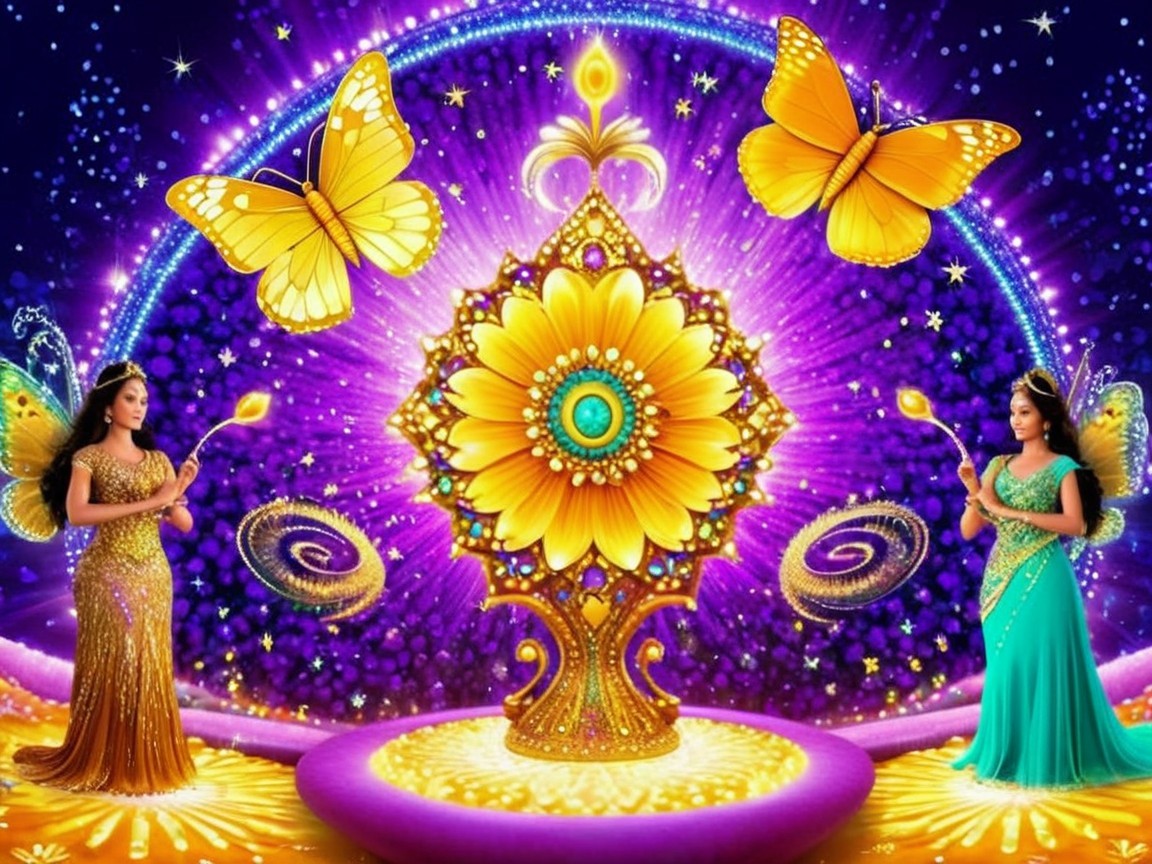 Vibrant Scene with Golden Flower and Elegant Women
