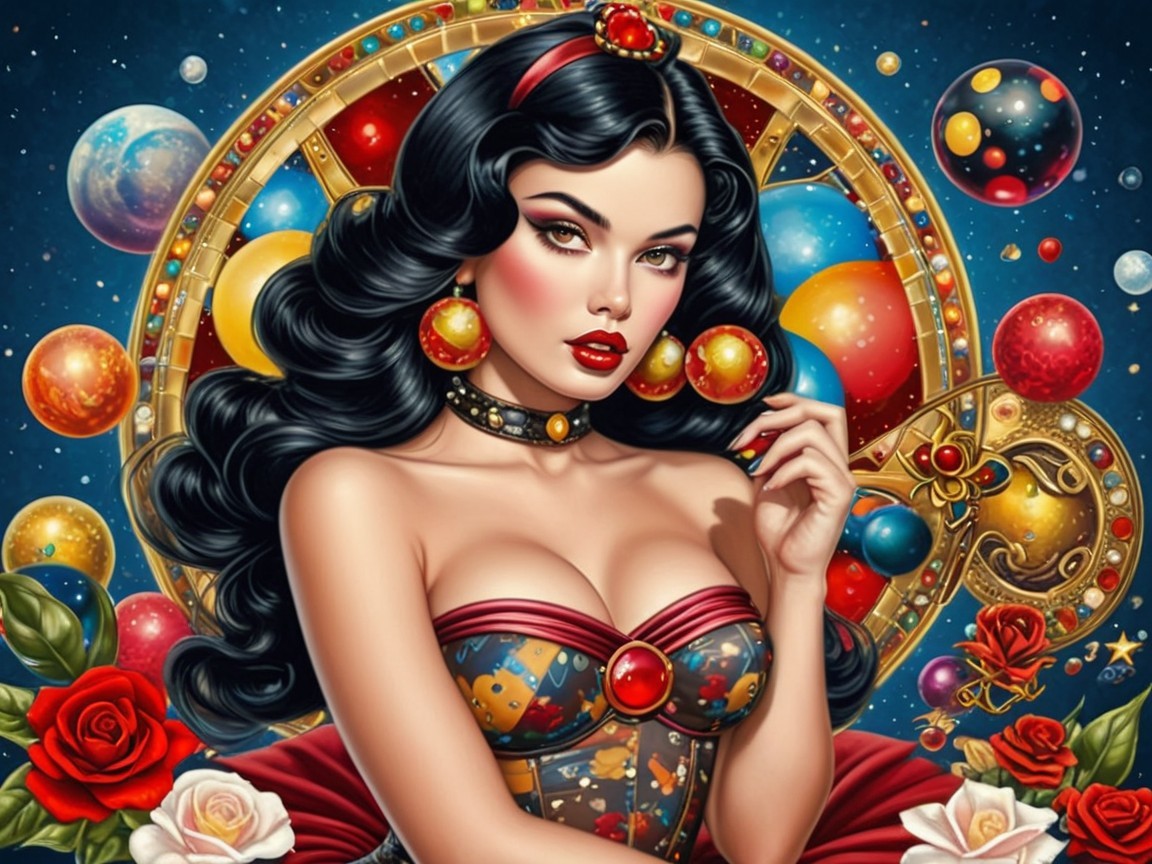 Glamorous Woman in Colorful Dress Against Celestial Backdrop