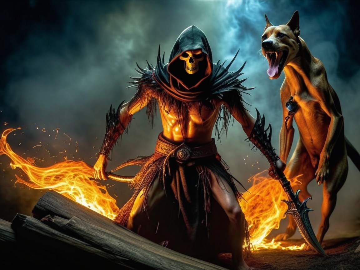 Dark Cloaked Figure with Skeleton Face and Dog Amid Flames