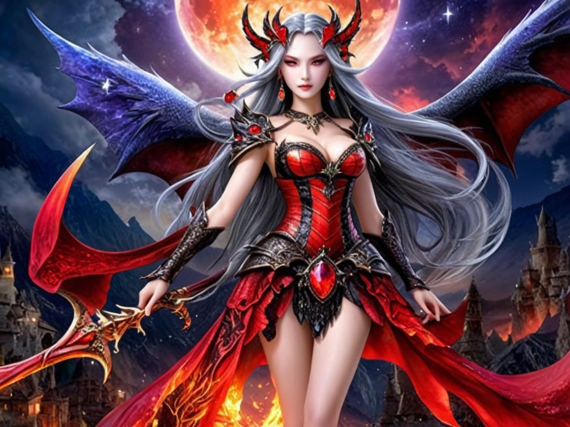 Female figure in red and black armor in fantasy landscape