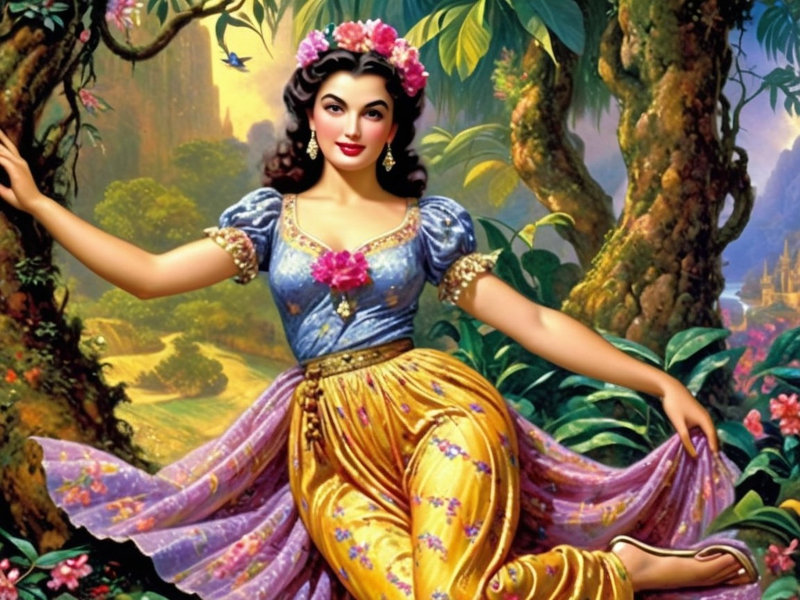 Woman in Blue Top and Yellow Pants in Enchanting Forest