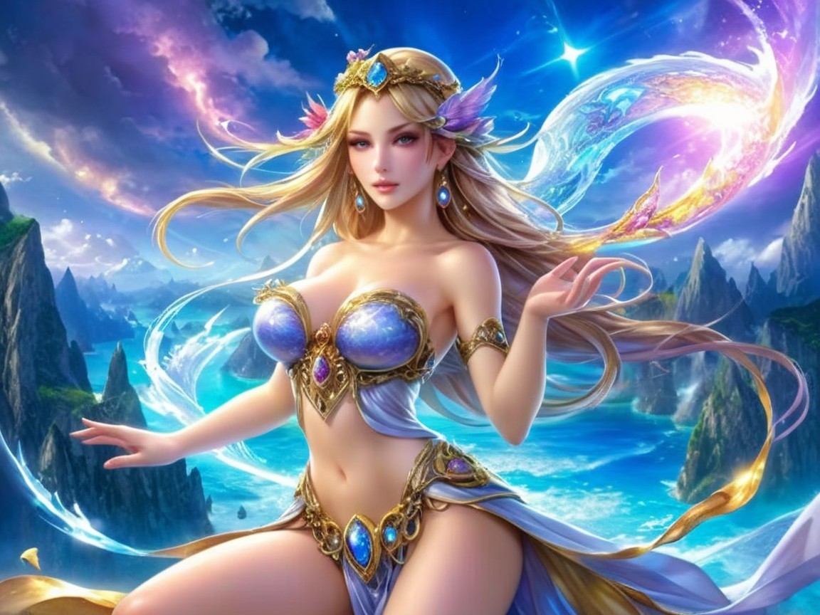 Fantasy Scene with Ethereal Goddess and Ocean View