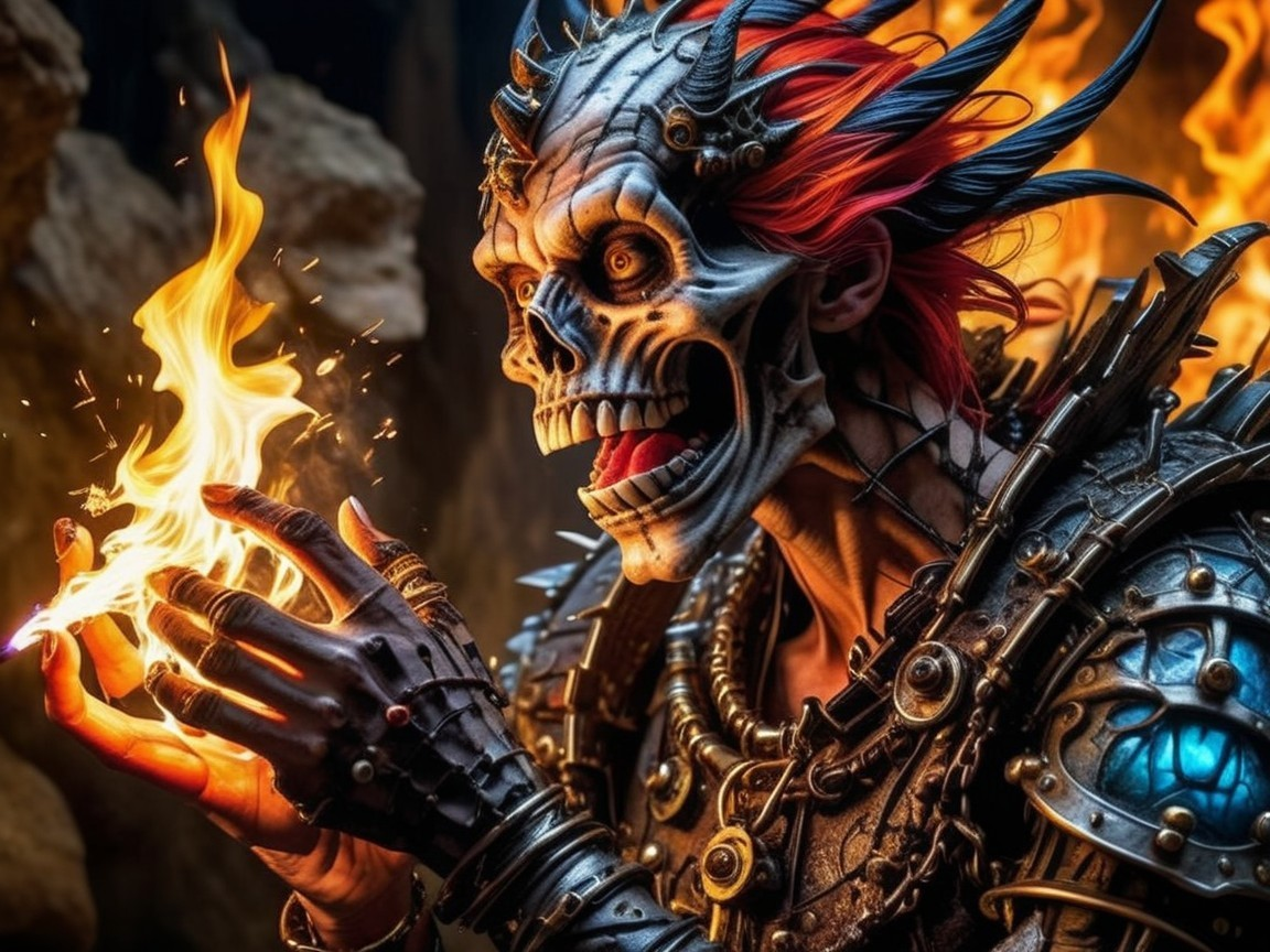 Fierce Character with Skeletal Face and Red Hair