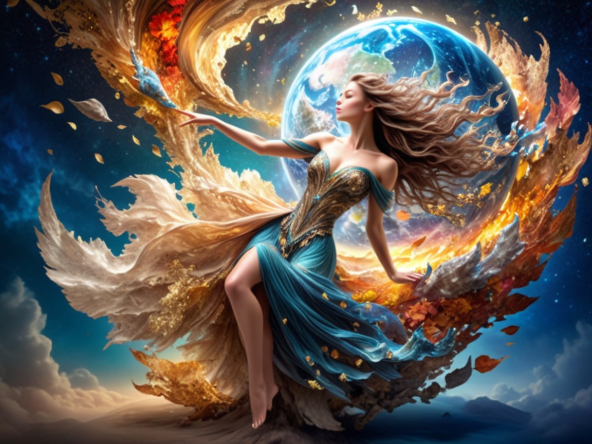 Elegant woman dancing in nature-inspired colors