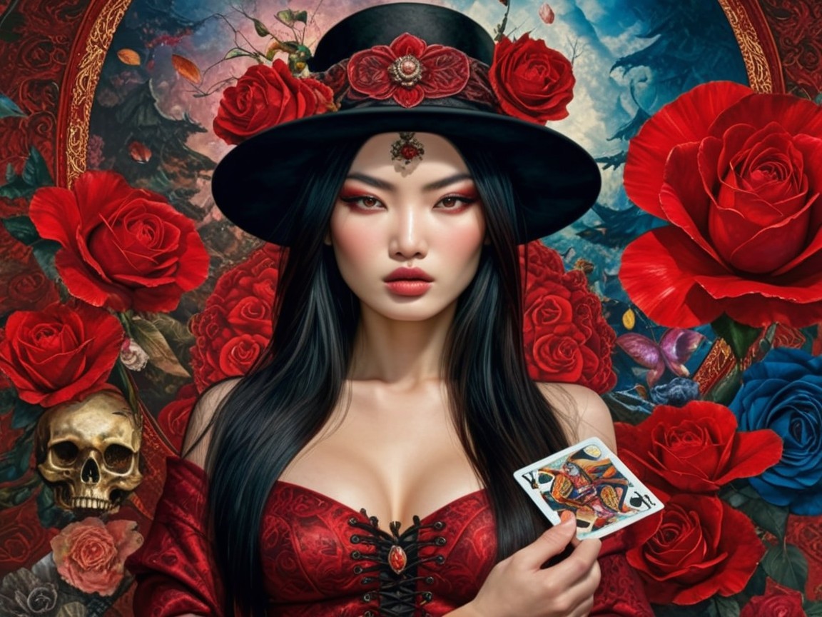 Striking Woman in Red Dress with Roses and Skull