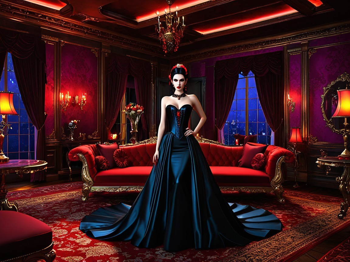Elegant Woman in Opulent Room with Dramatic Decor
