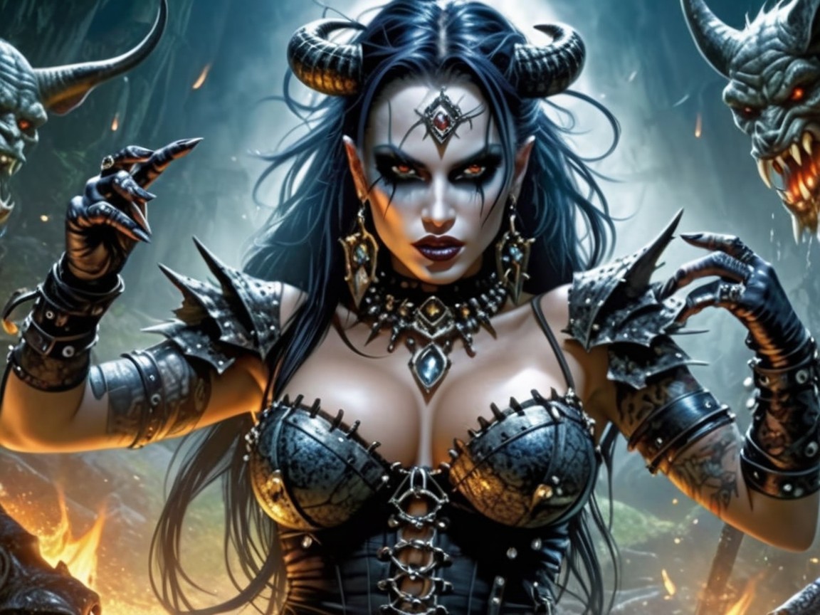Fierce fantasy character with horned creatures and flames