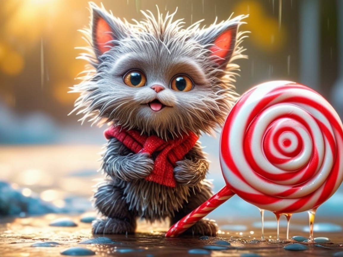 Fluffy gray kitten with lollipop in whimsical setting