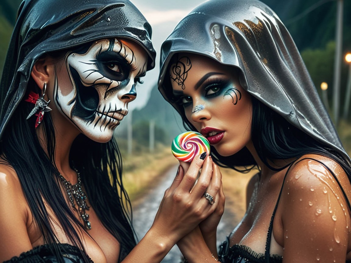 Women with Skull Makeup and Silver Hoods