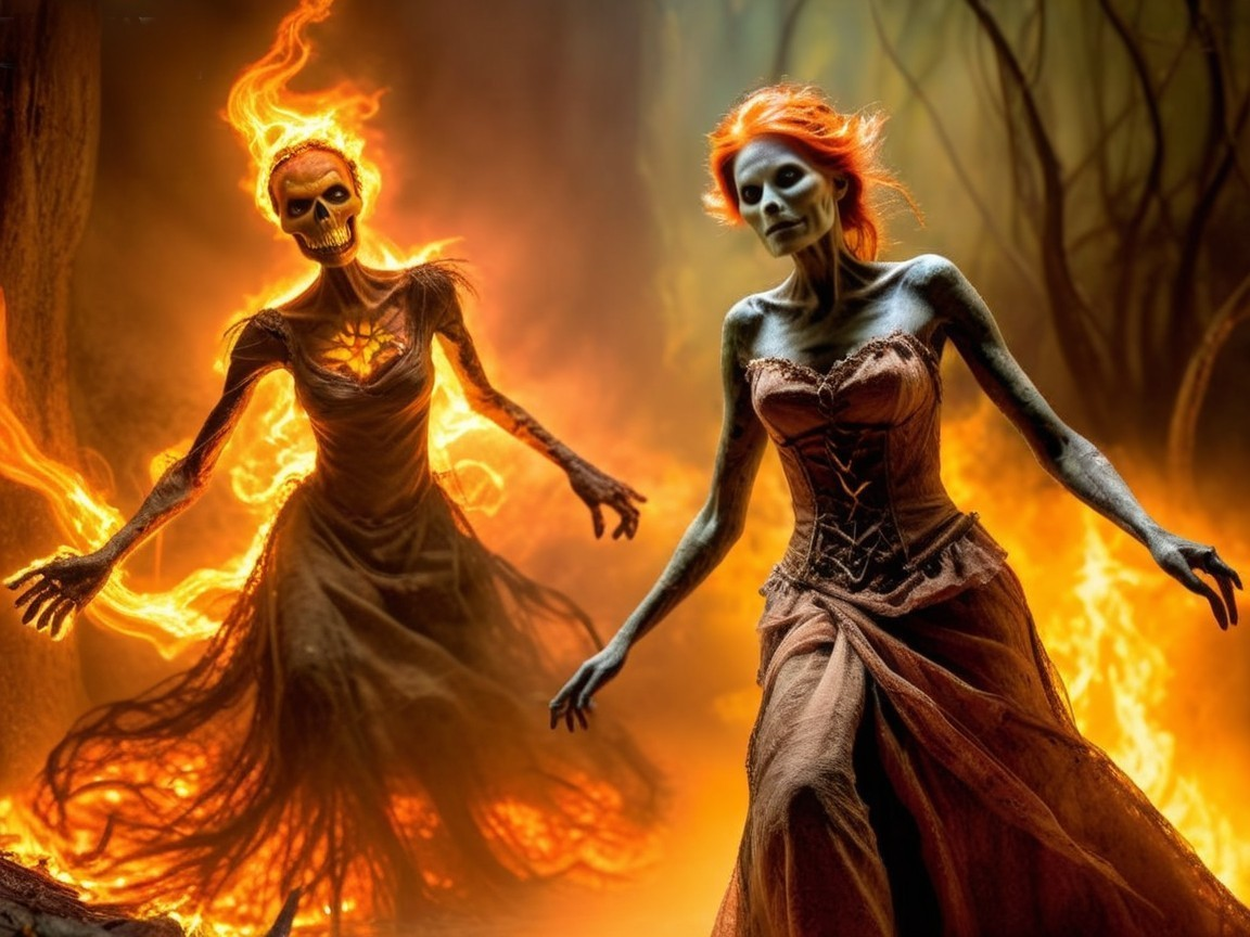 Skeletal Figures with Fiery Hair in Dark Forest Flames