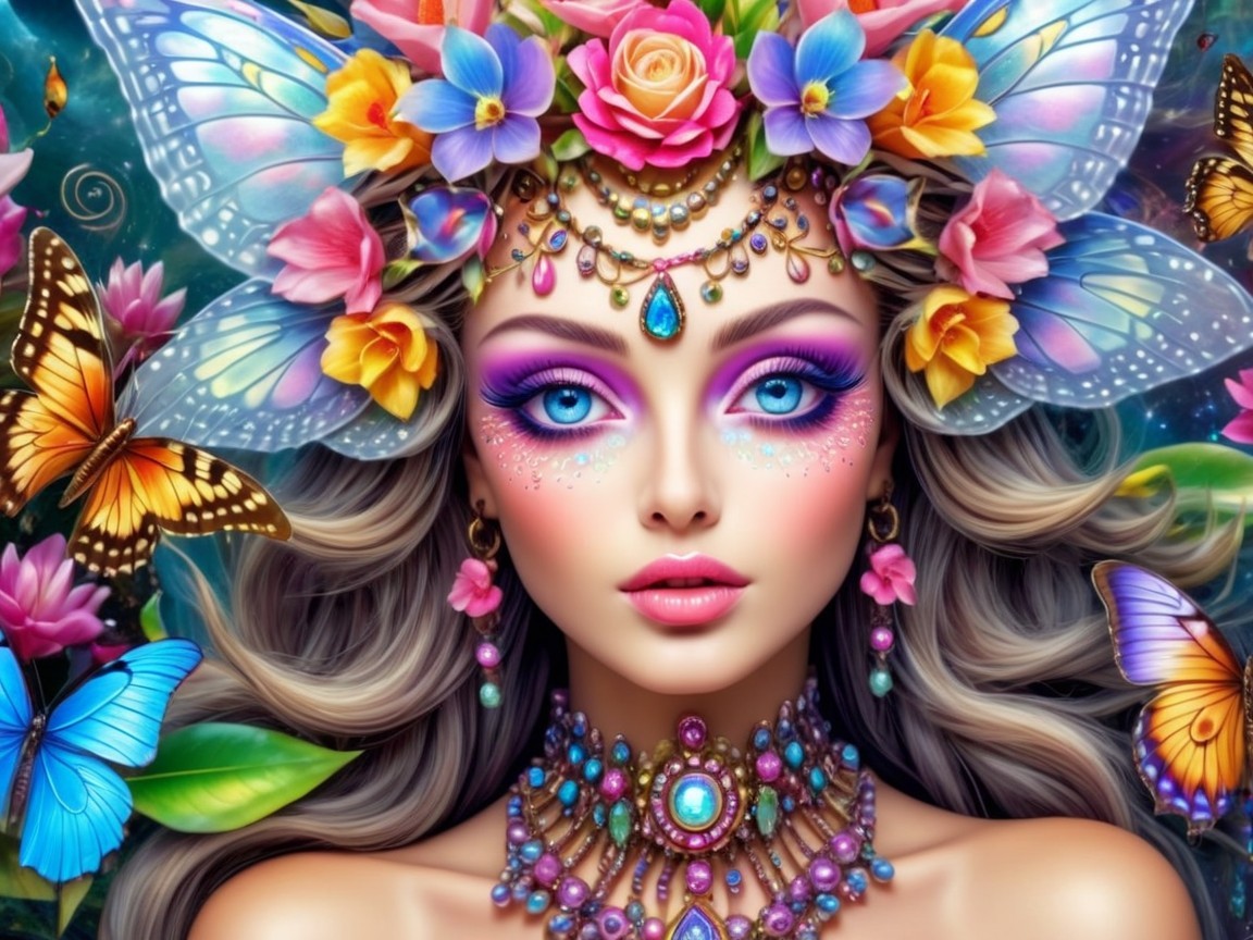 Fantasy Portrait of Woman with Flowers and Butterflies