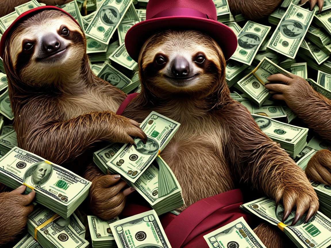 Sloths Surrounded by Money in Playful Scene