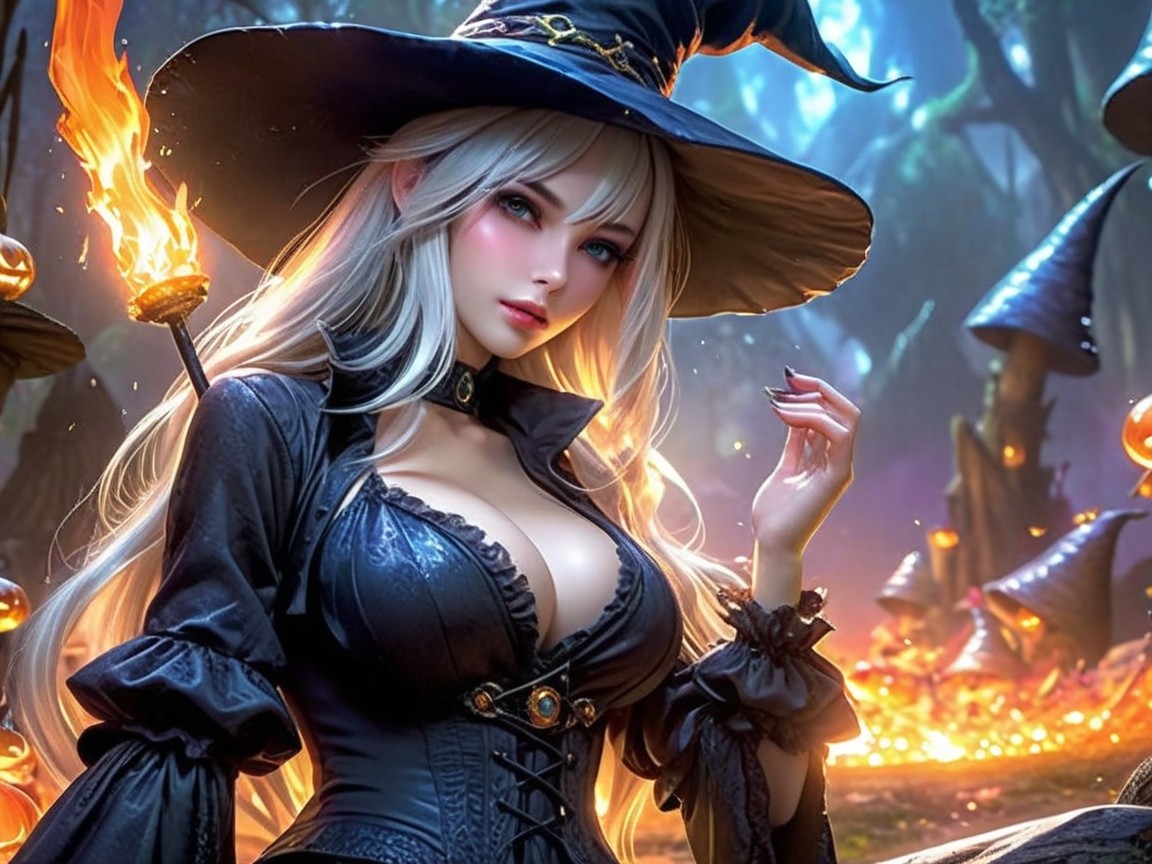 Witch in Elegant Outfit Surrounded by Mystical Elements