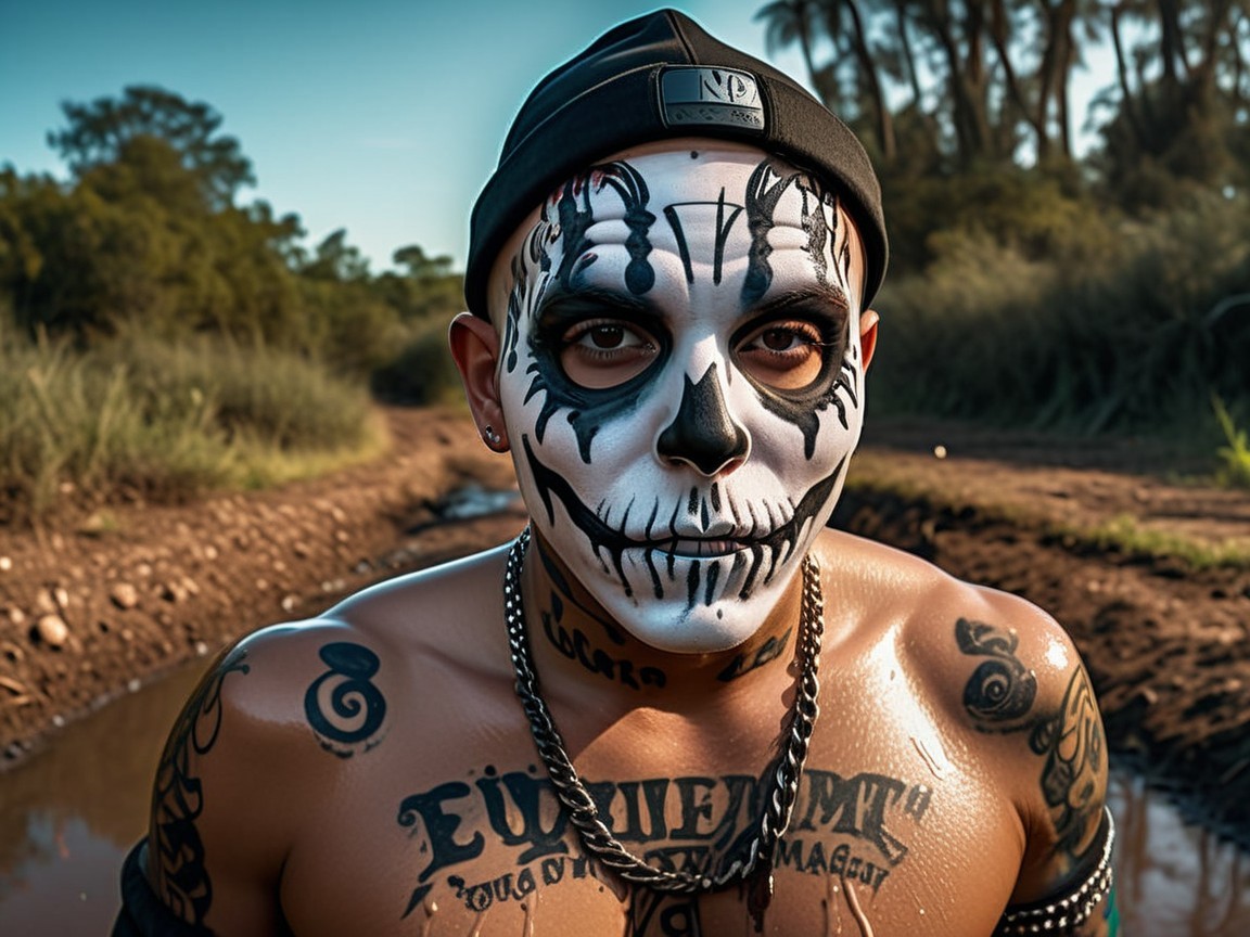 Portrait of a Young Man with Skull Makeup and Tattoos