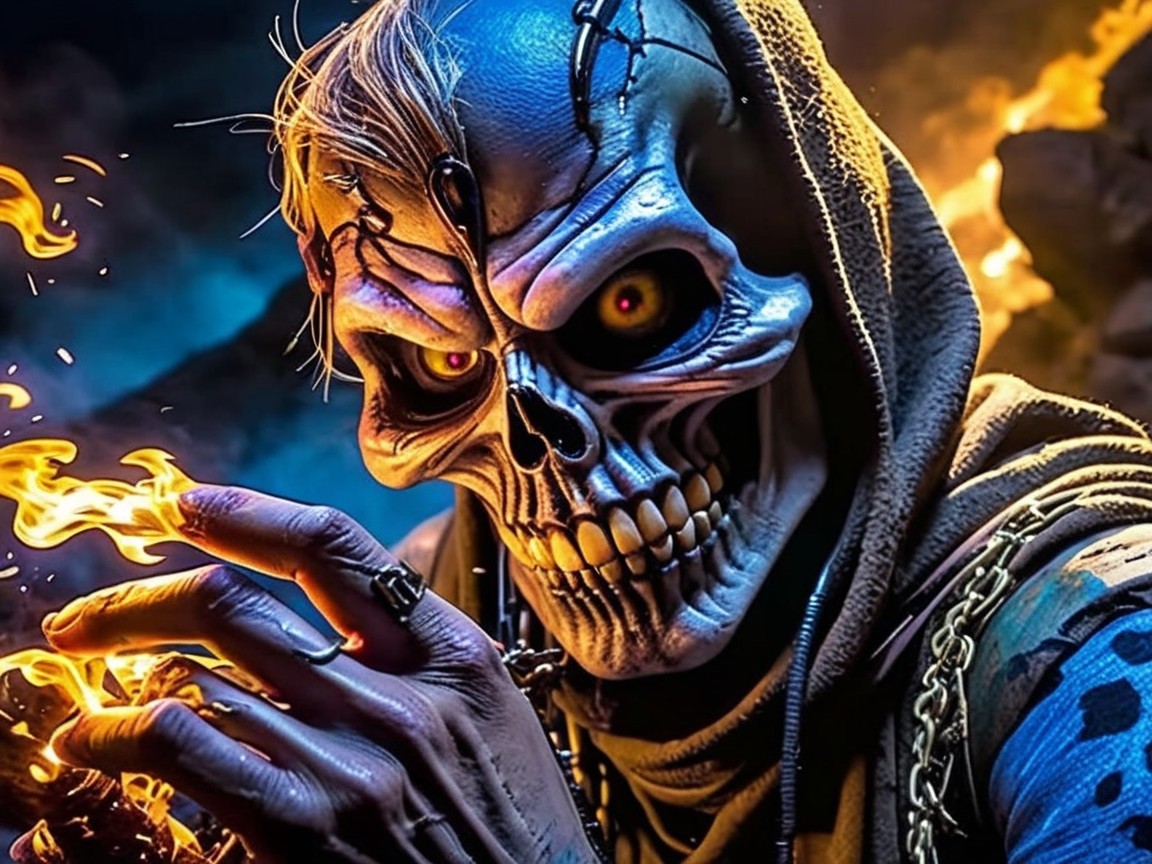 Blue-Skinned Skeleton in Fiery, Mystical Scene