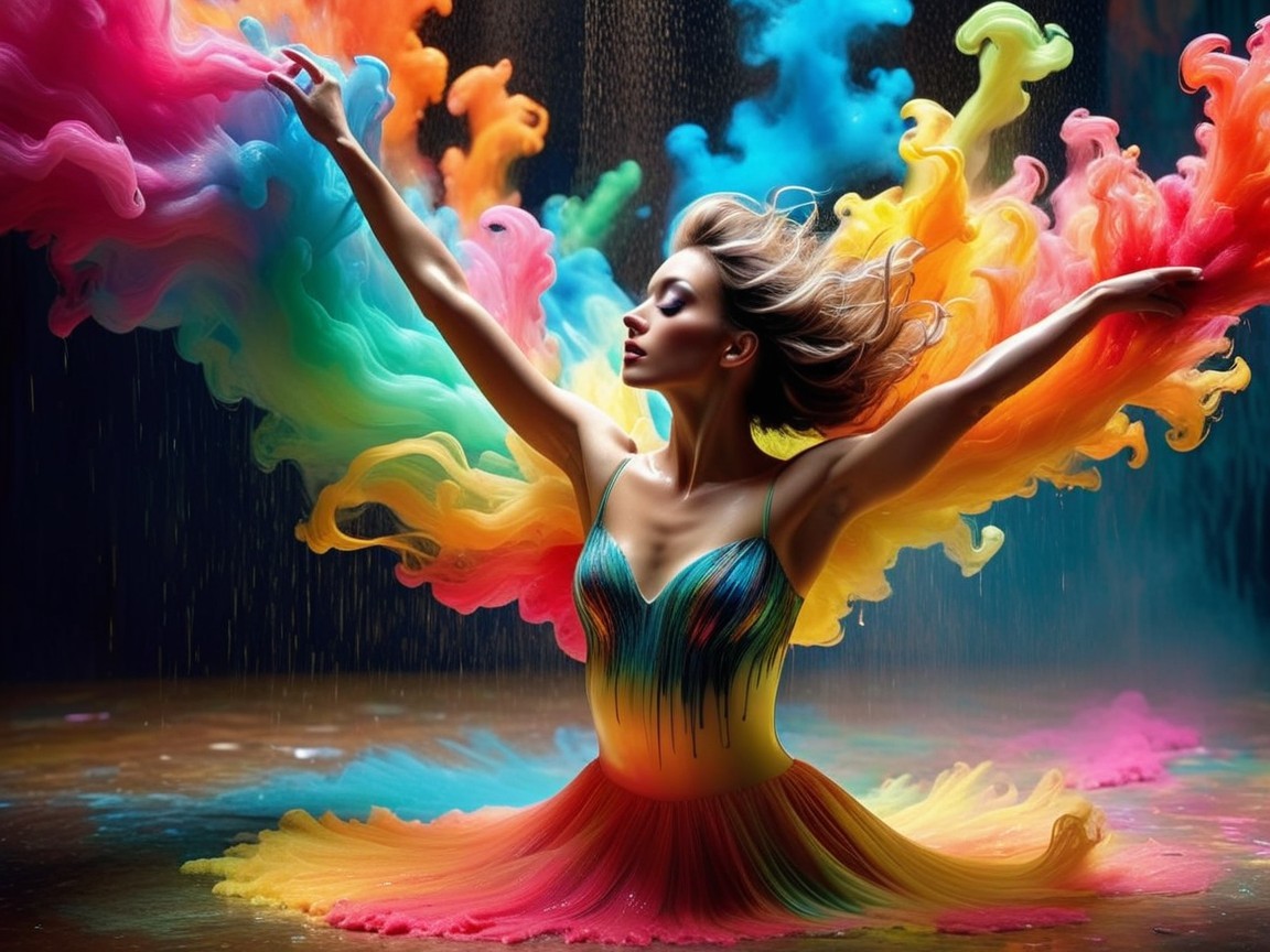 Dancer in Colorful Dress with Water Backdrop