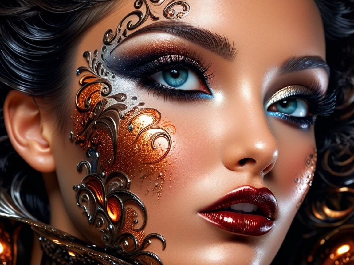 Close-up of a woman's face with metallic face art