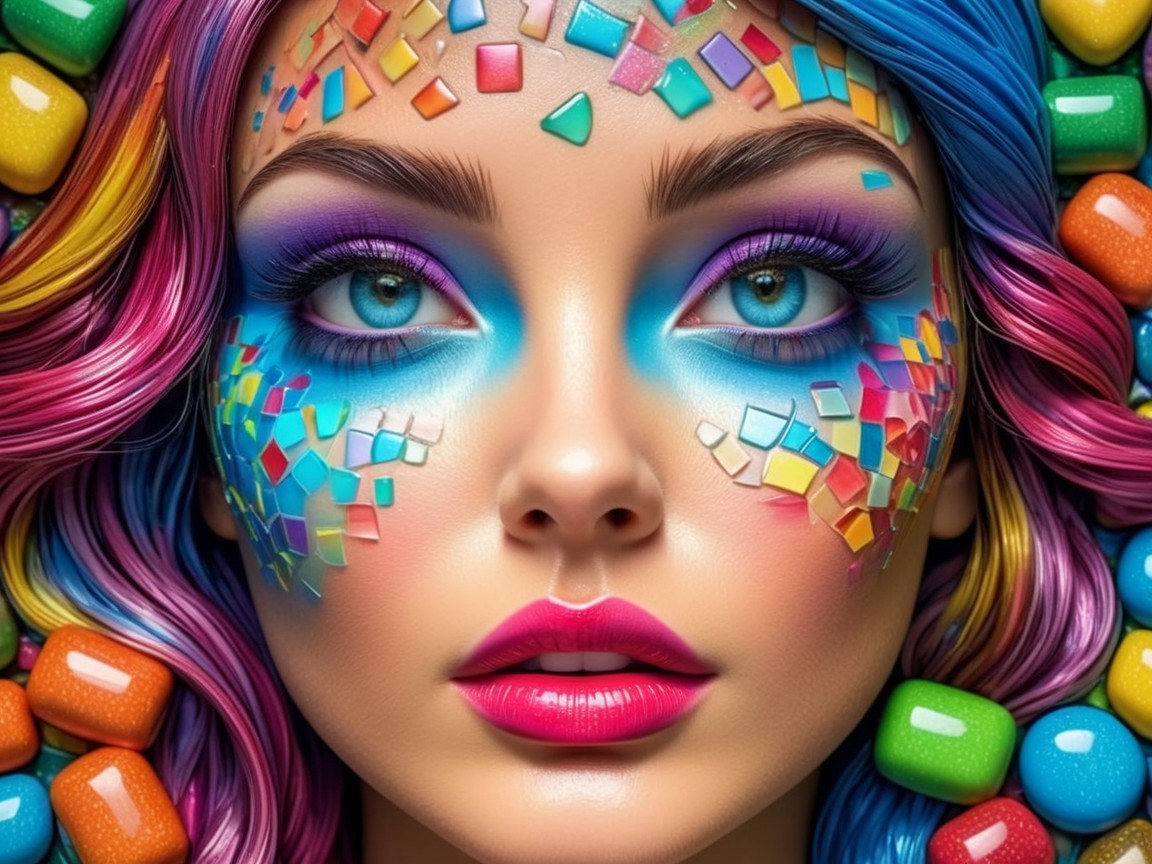 Portrait of a woman with multicolored hair and patterns