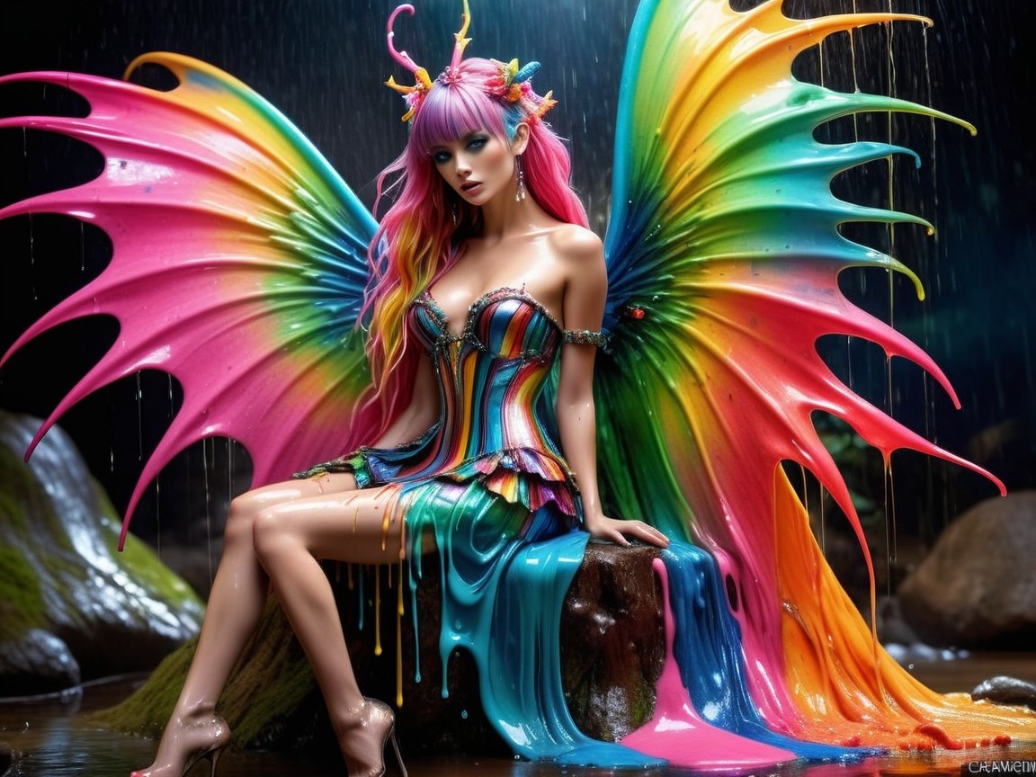 Fairy on Rock with Multicolored Dress and Wings