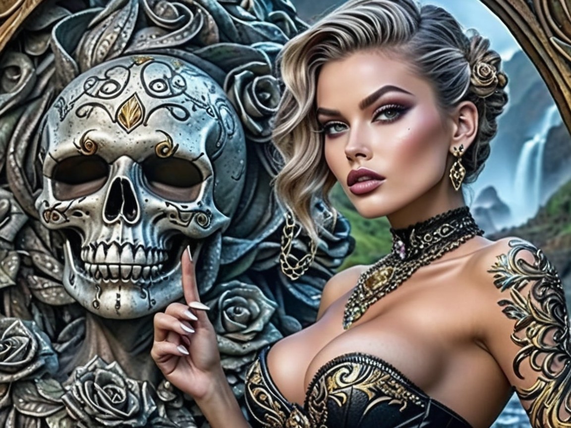 Glamorous Woman Posing with Decorated Skull and Roses