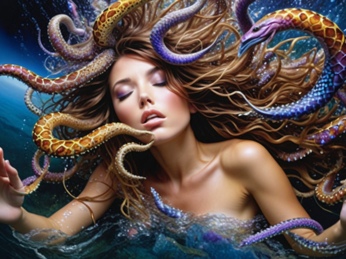 Underwater Scene with Woman and Colorful Sea Creatures