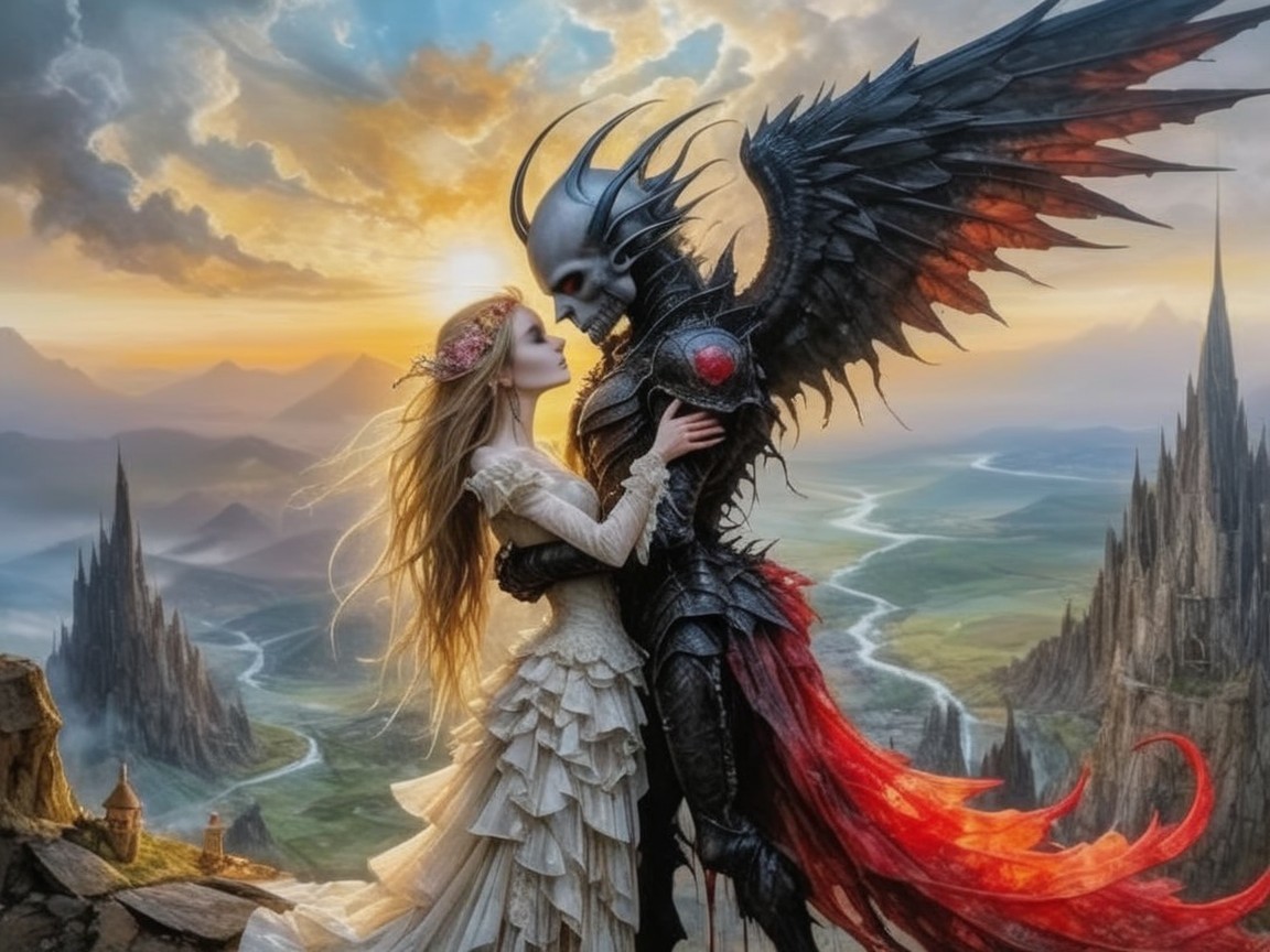 Mystical Couple Embraces in Fantasy Landscape at Sunset