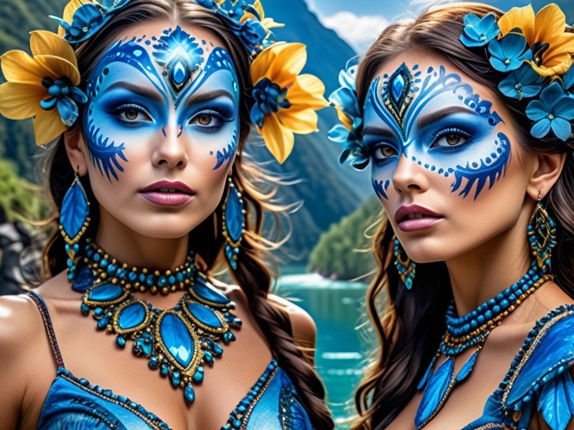 Women with Blue Face Paint and Floral Headpieces