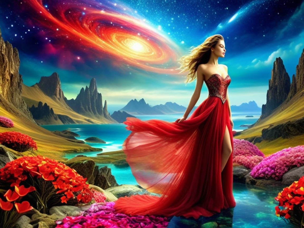 Vibrant Cosmic Landscape with Waterfall and Woman