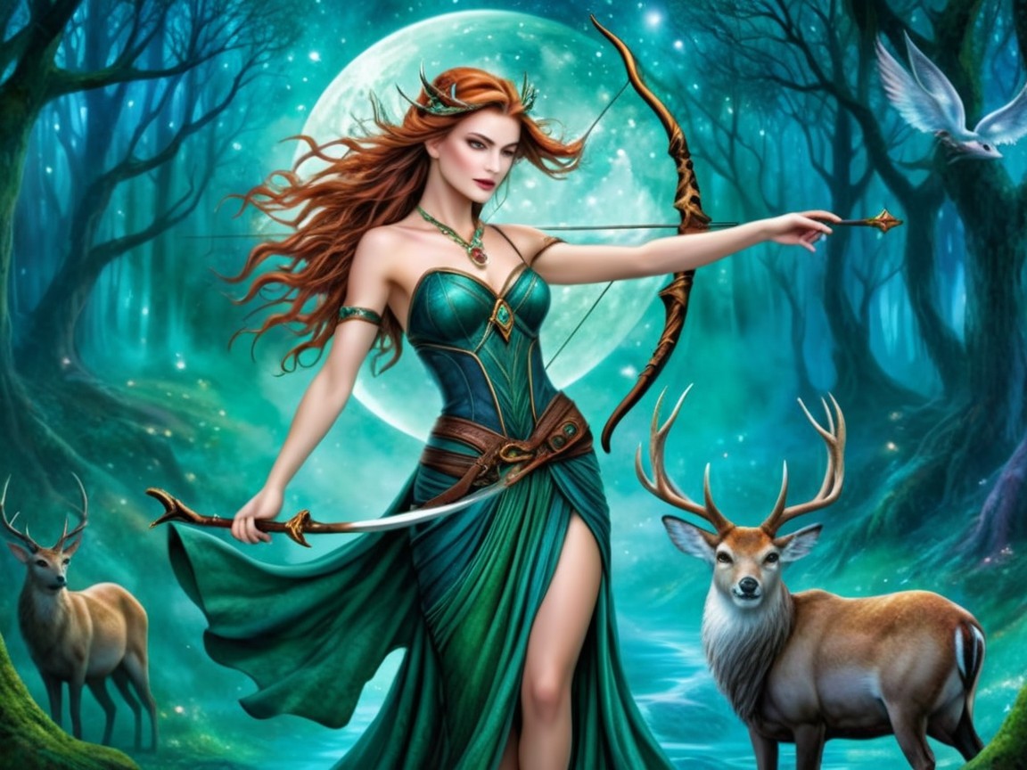 Mystical forest scene with female archer and wildlife