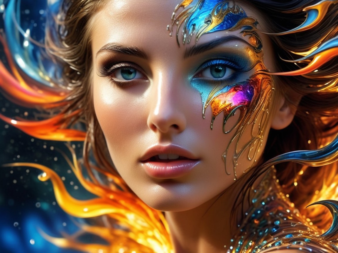 Portrait of a woman with vibrant face paint and blue-green eyes