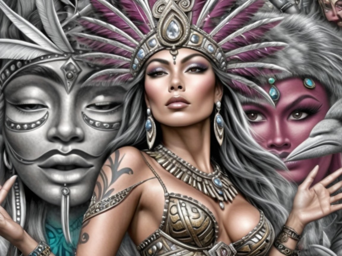 Intricate Female Figure with Jewelry and Feathered Headdress