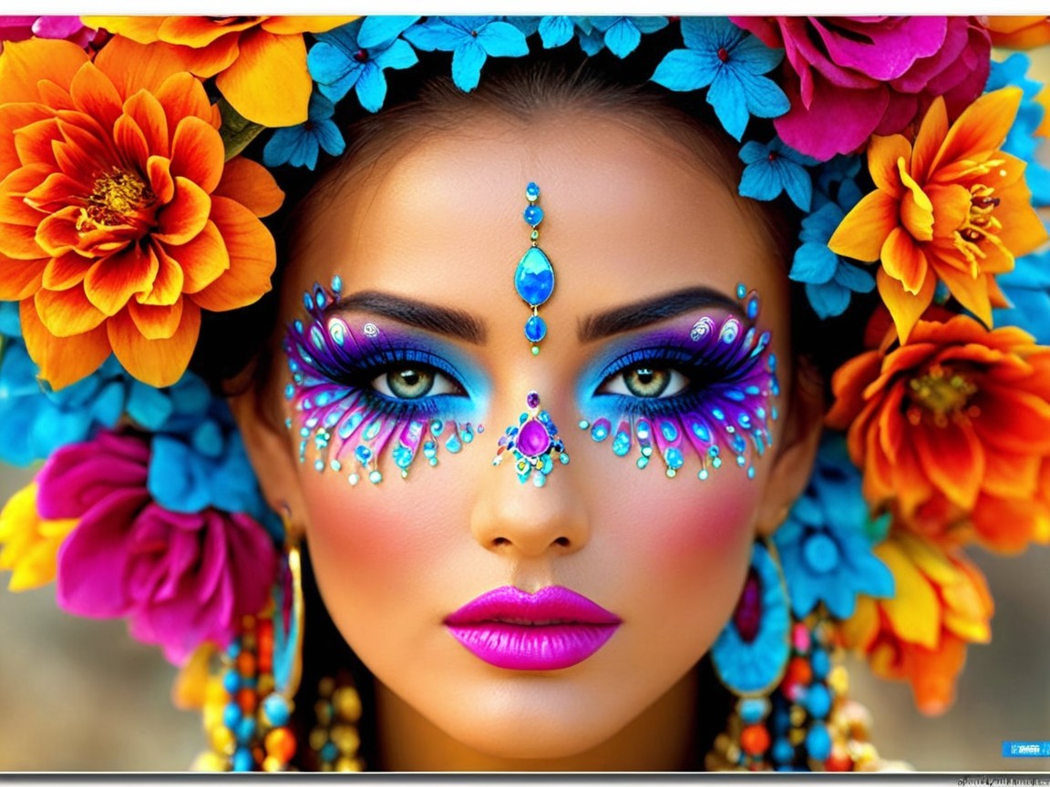Portrait of a woman with floral accents and bold makeup