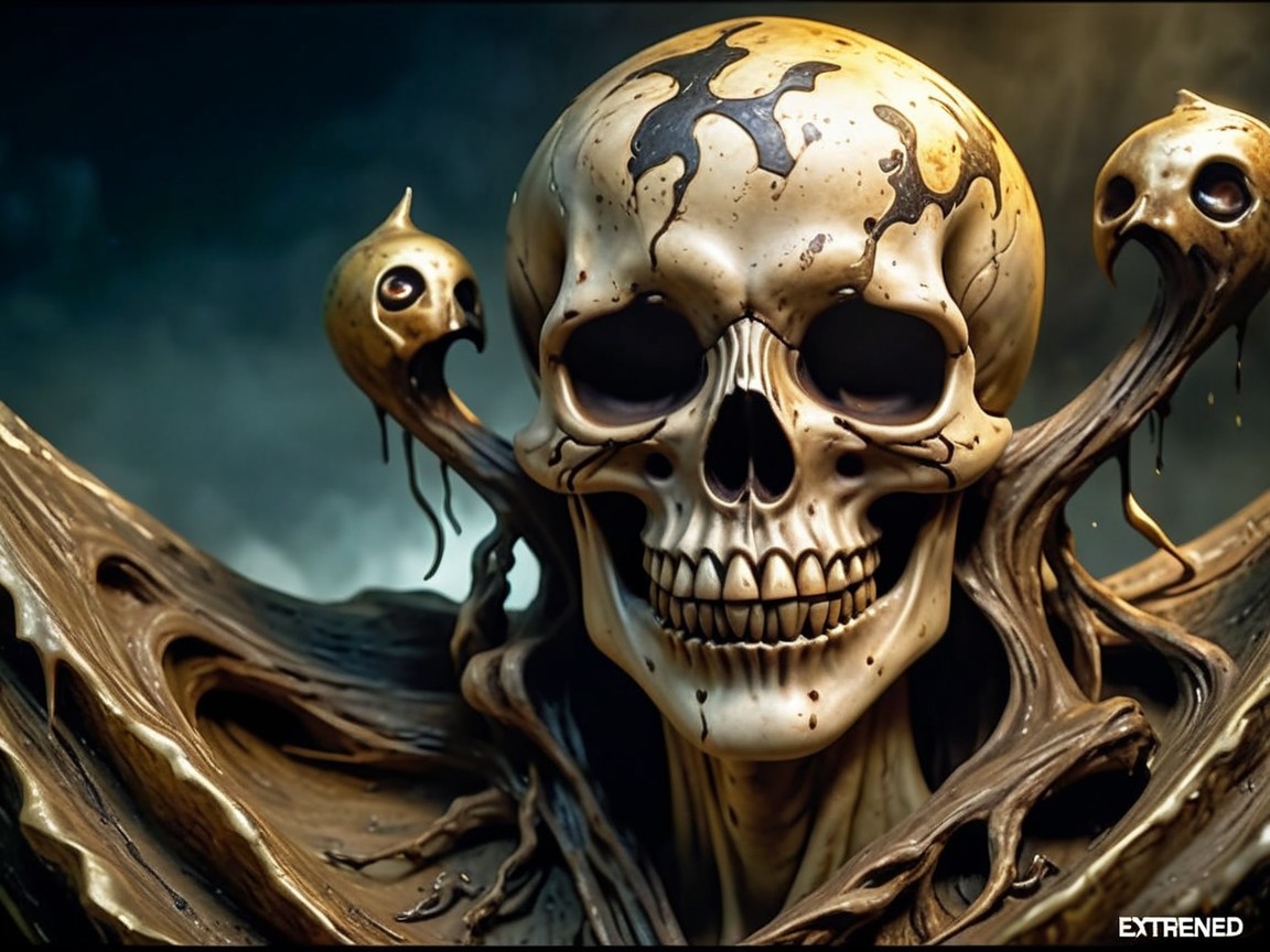 Surreal Skull with Dark Tendrils in Misty Atmosphere