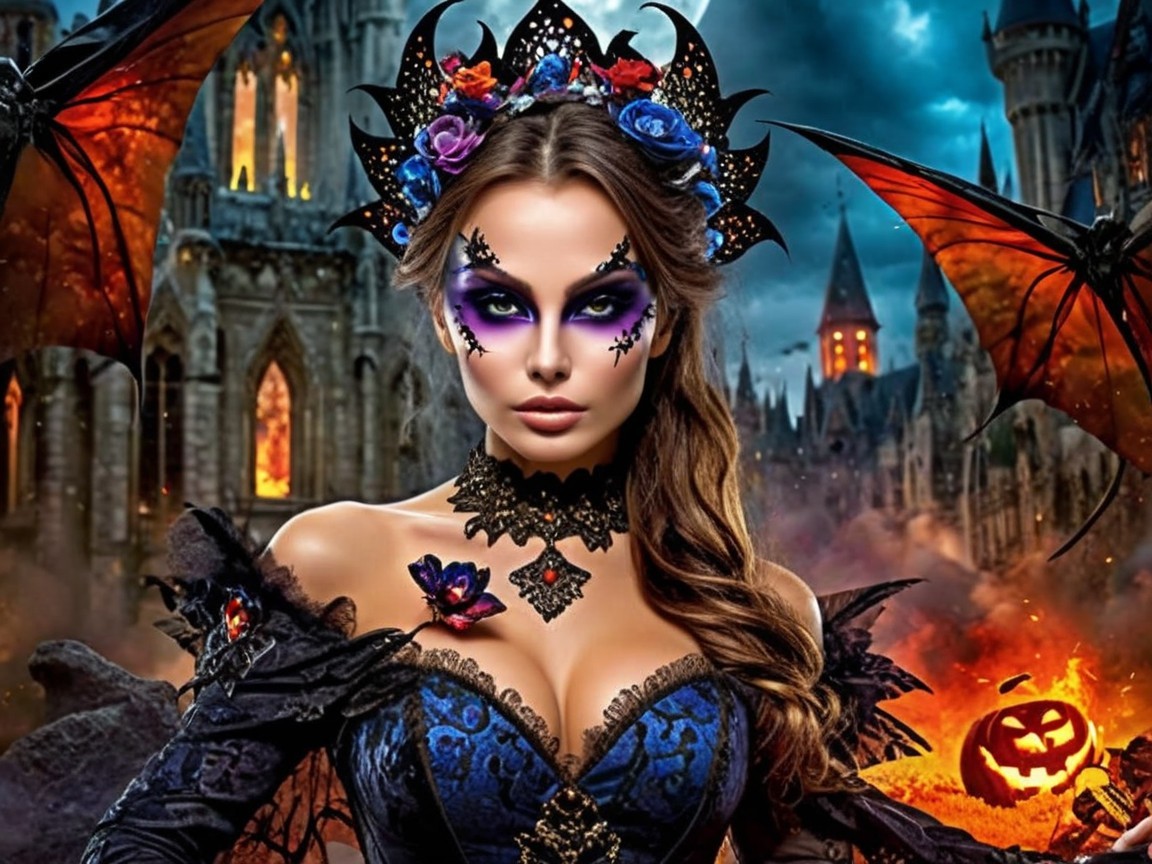 Gothic Castle Scene with Dark Gown and Pumpkin