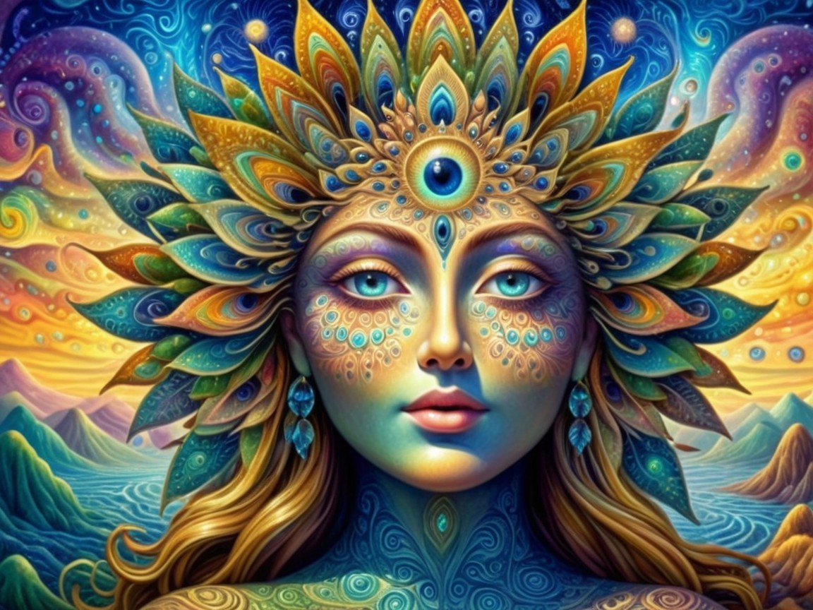 Vibrant Mystical Figure with Colorful Patterns and Sunset