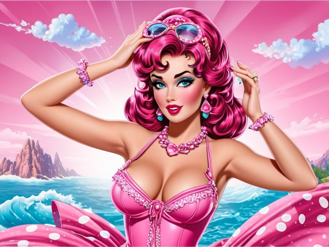 Glamorous Cartoon Figure with Pink Hair and Dress