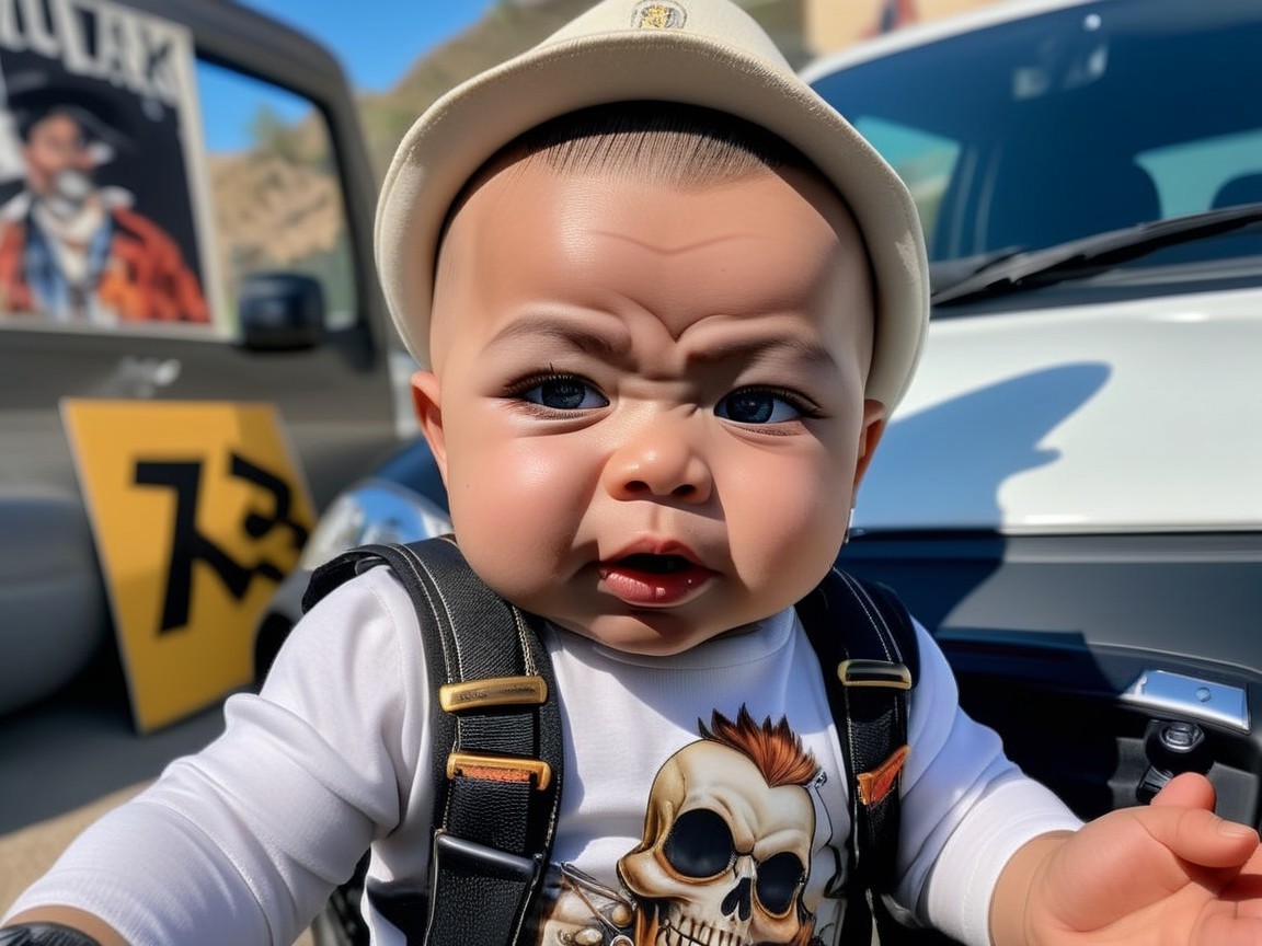 Baby in Stylish Outfit Sitting by a Car Outdoors