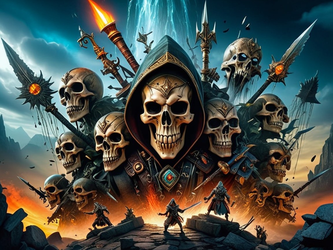 Dramatic Fantasy Scene with Menacing Skull and Landscape