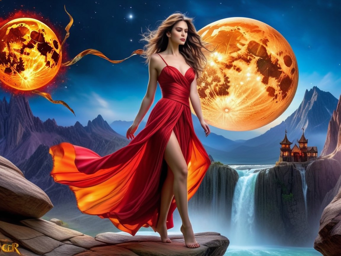 Woman in Red Dress on Rocky Terrain with Moons