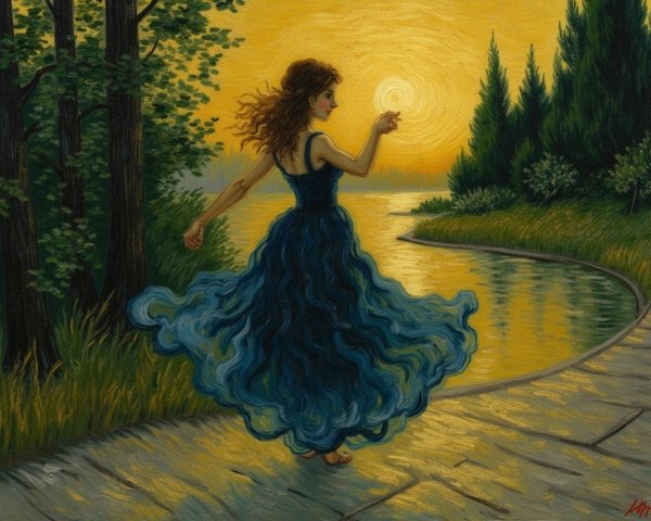 Young woman in blue dress twirls by serene waterway