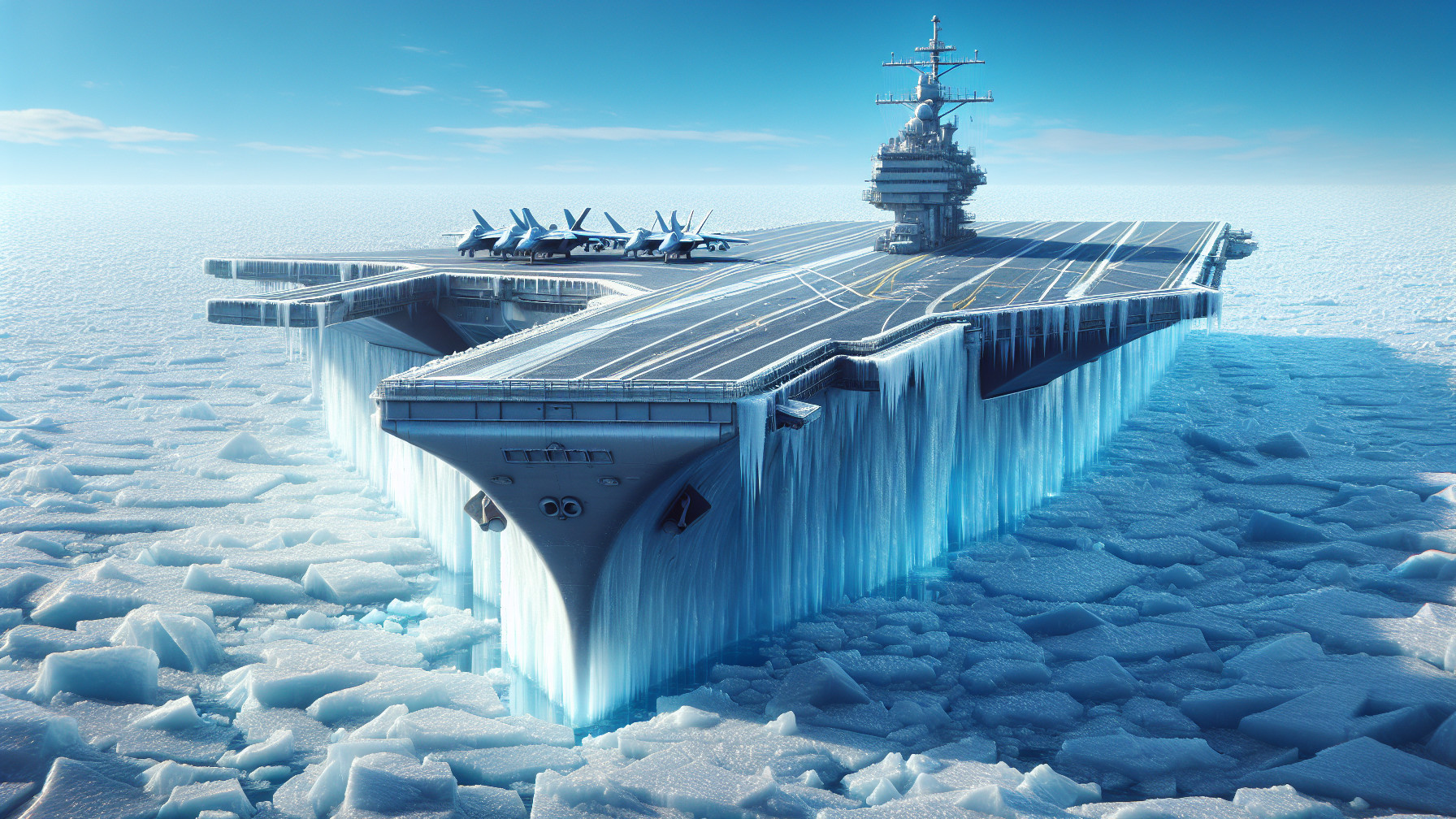 Aircraft Carrier in Icy Seascape with Fighter Jets