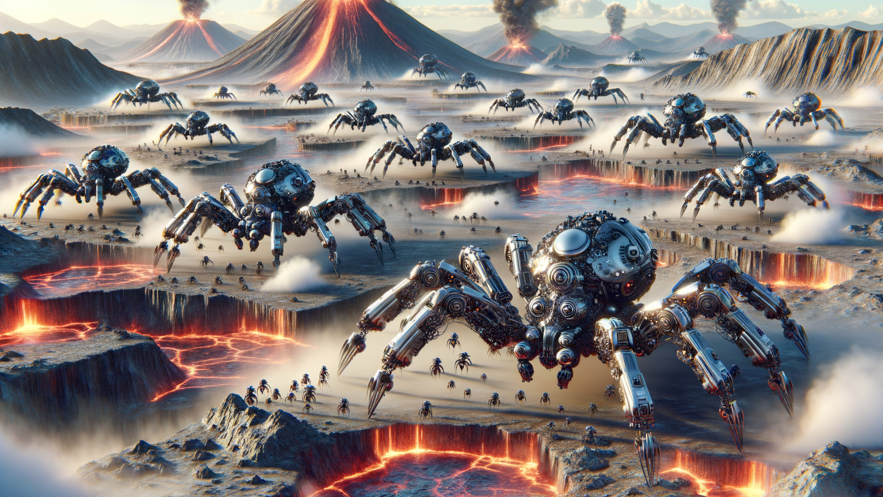 Futuristic Landscape with Robotic Spiders and Volcanoes