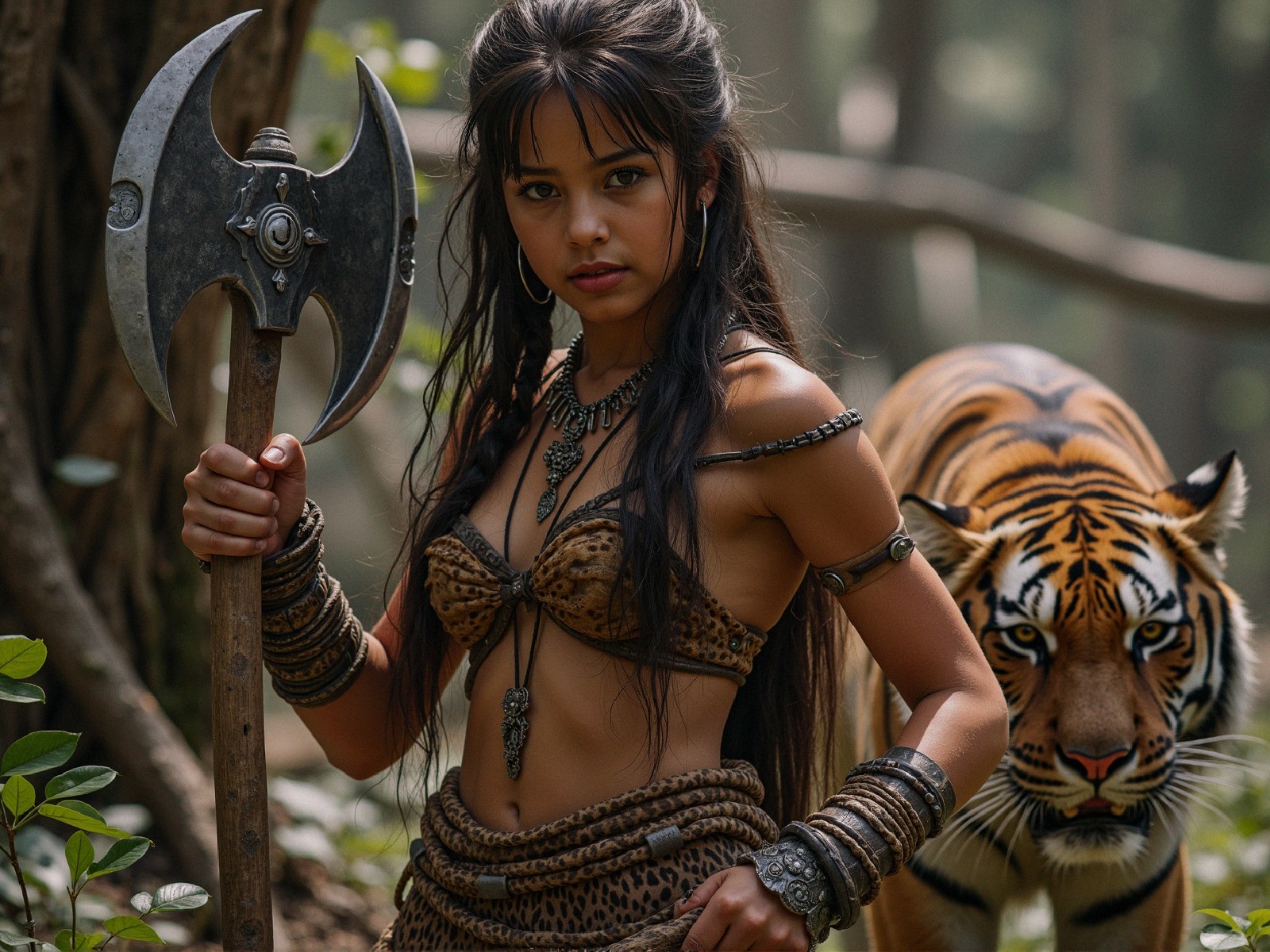 Warrior with Axe in Forest with Stealthy Tiger