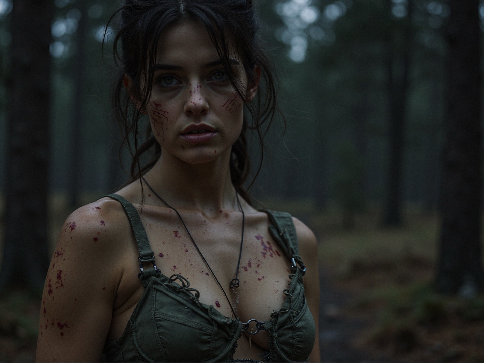 Young Woman in Military Top in Misty Forest Setting
