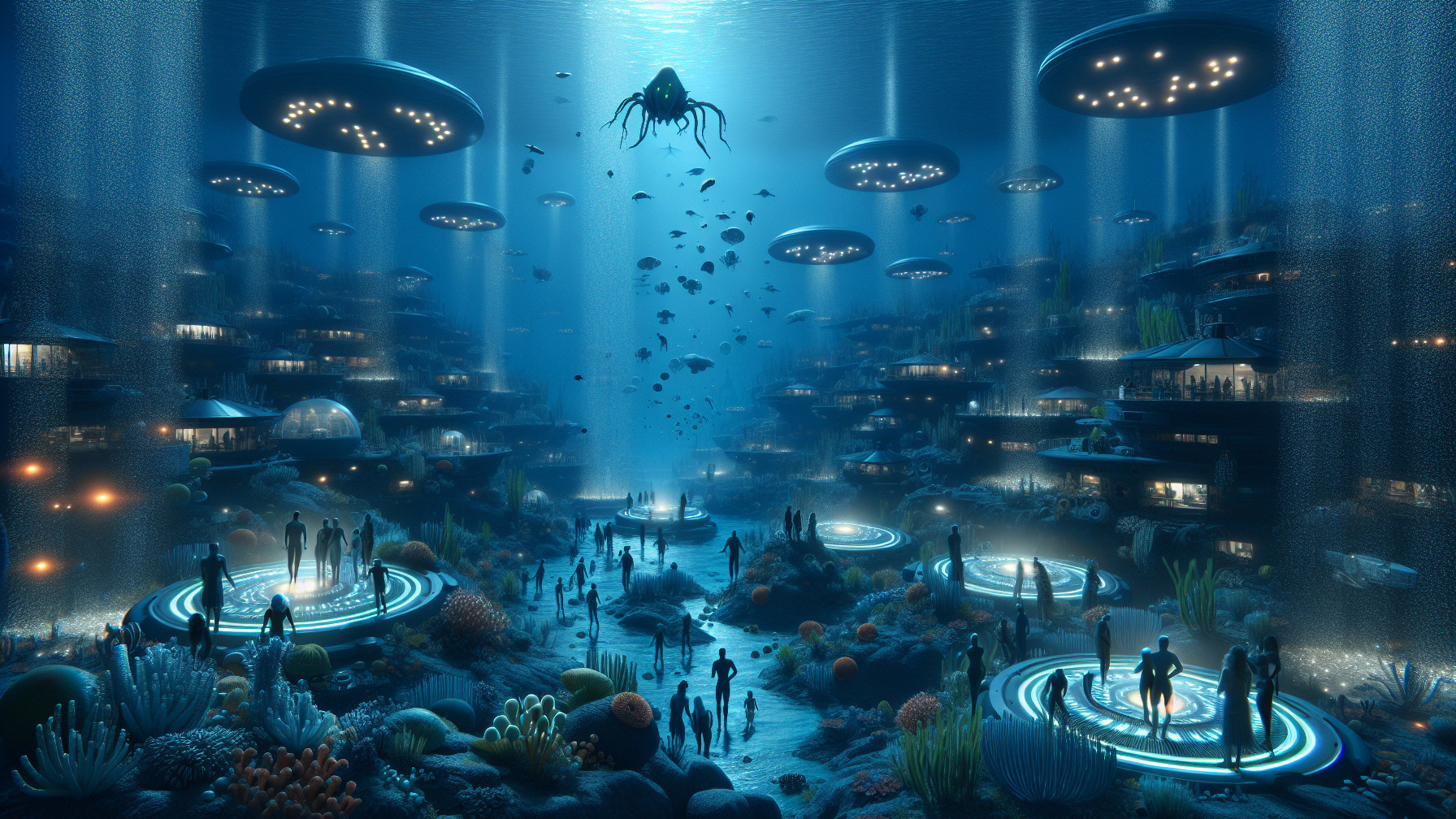 Underwater cityscape with coral and bioluminescent life