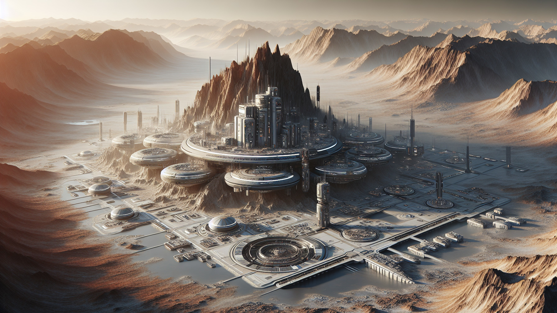 Futuristic Cityscape at Mountain Base with Advanced Tech