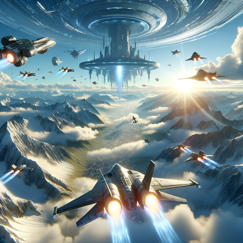 Futuristic Aircraft and Spaceships in Sci-Fi Landscape
