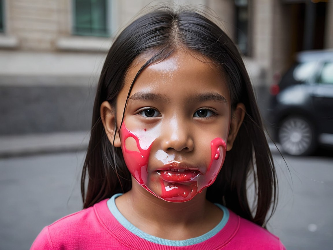 Young girl with red paint in urban street setting