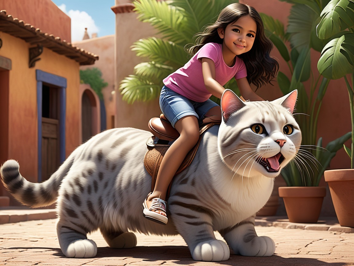 Young girl joyfully rides a large spotted cat in village